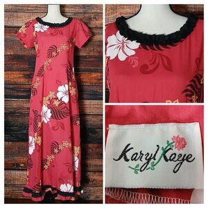 Karyl Kaye Vintage Midi Dress Size 10 Raspberry Tropical Floral Made in Hawaii